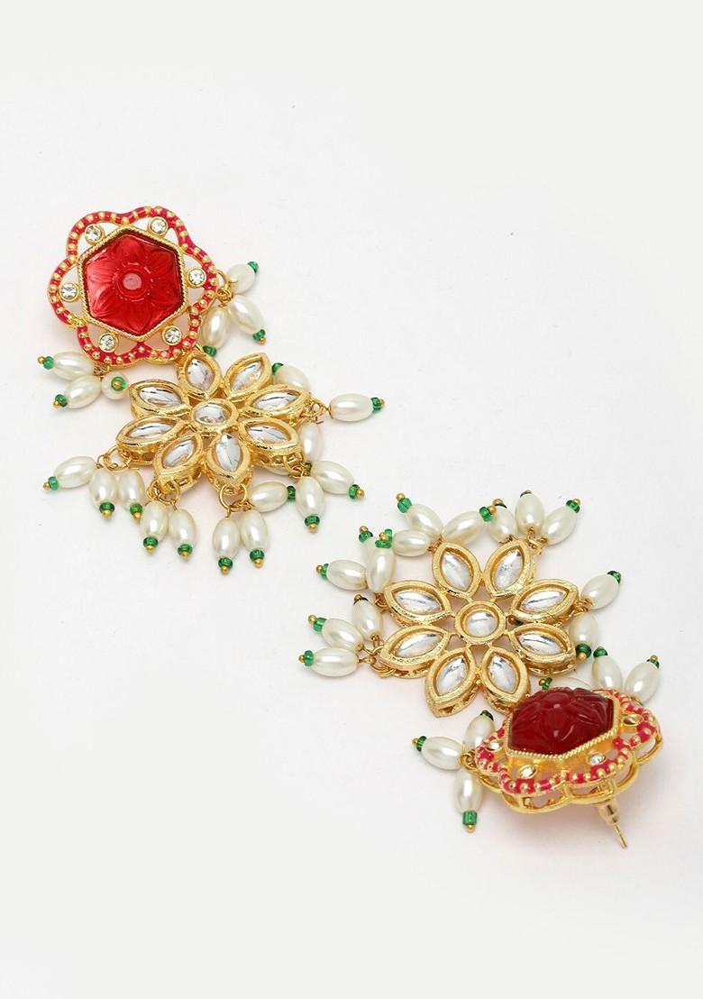 Gold Plated Kundan Stone Studded And Beaded Jewellery Set