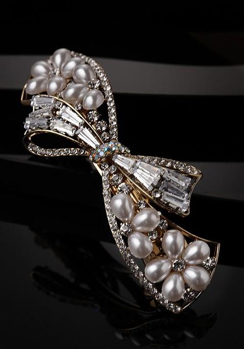 Gold Plated CZ Stone And Artificial Embellished French Barrette