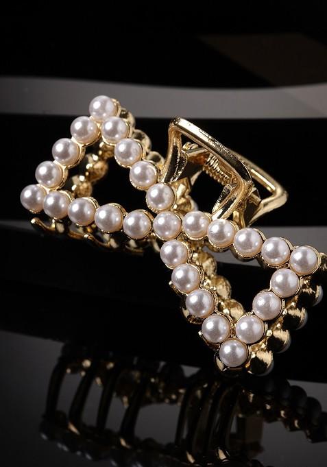 Women Gold Plated Pearl Embellished Hair Claw Clip