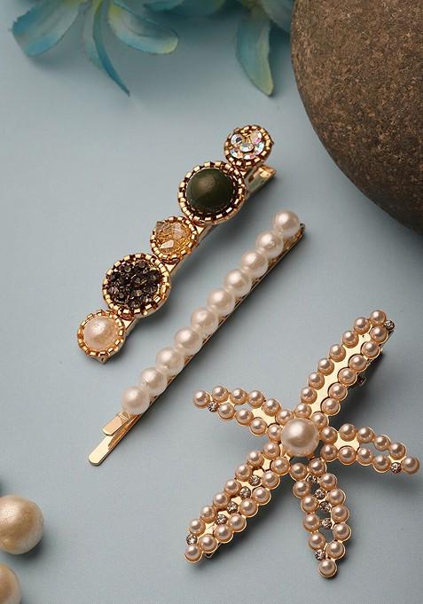 Women  Set of 3 Gold Plated Embellished Bobby Pins