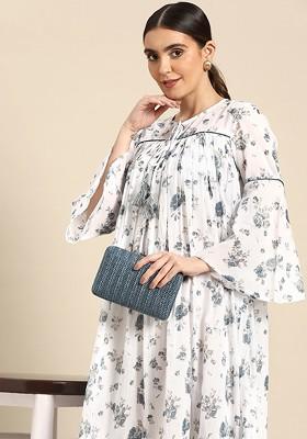 Floral Printed Tie-Up Neck Bell Sleeve A-Line Midi Dress