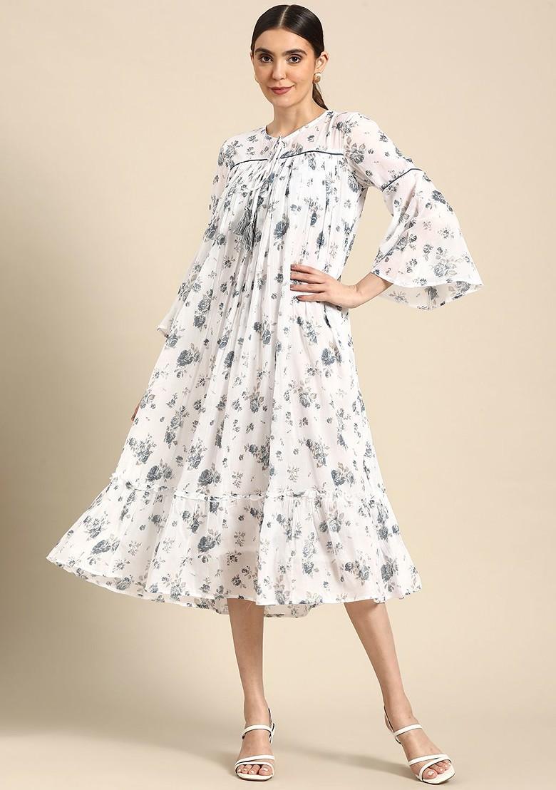 Floral Printed Tie-Up Neck Bell Sleeve A-Line Midi Dress