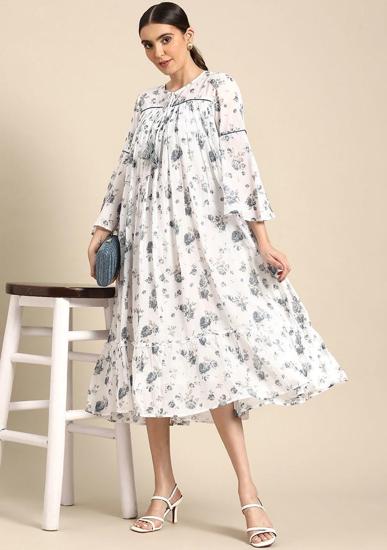 Floral Printed Tie-Up Neck Bell Sleeve A-Line Midi Dress
