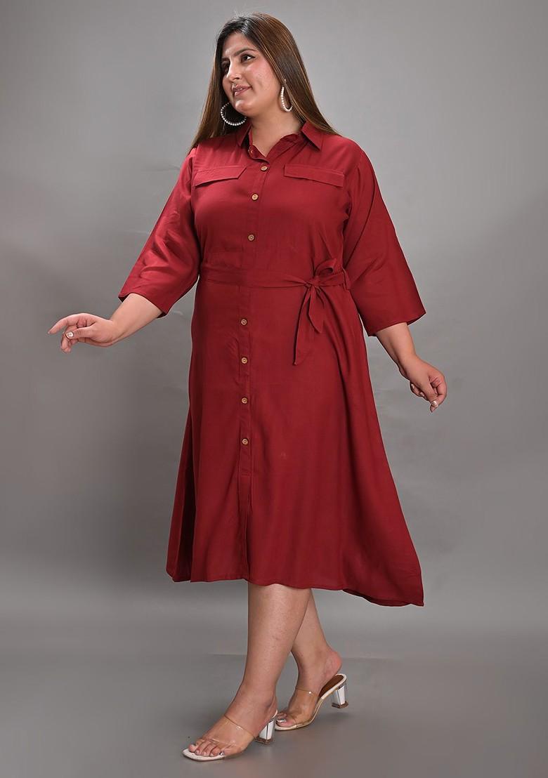 Plus Size Waist Tie-Up Crepe Shirt Midi Dress