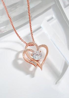Rose Gold Plated Stone Studded Dual Heart Pendant With Chain