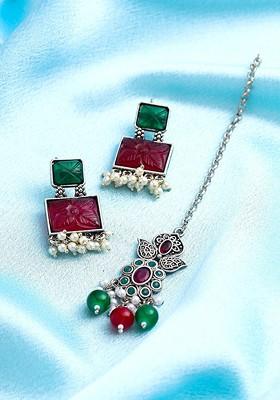 Silver Plated Stone Studded And Beaded Jewellery Set