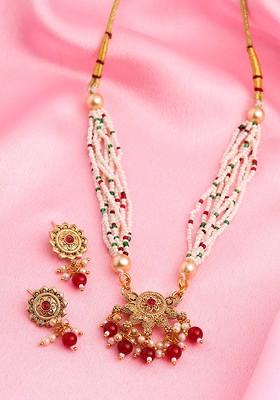 Gold Plated Stone Studded And Artificial Beaded Jewellery Set