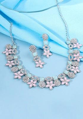 Silver Plated Stone Studded And Artificial Beaded Jewellery Set