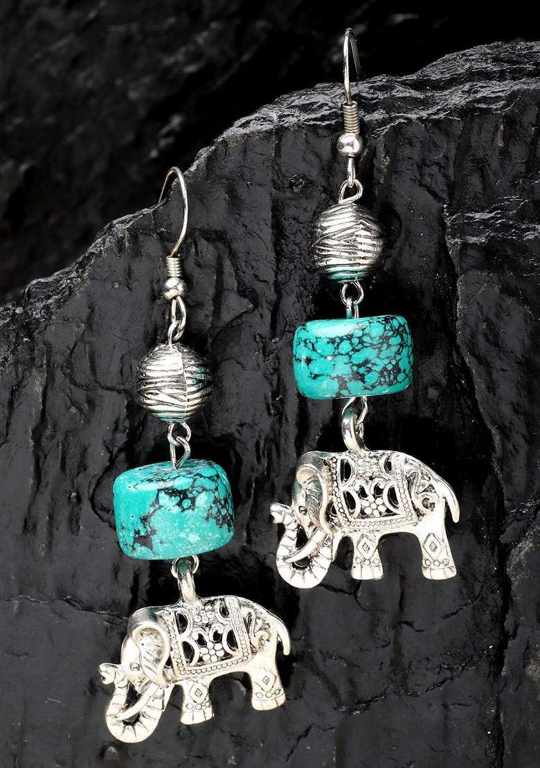 Silver Plated Elephant Shaped Oxidized Drop Earrings - Indya