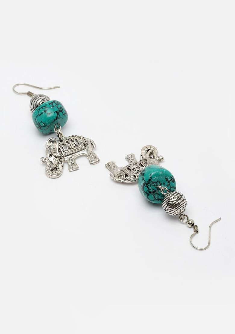 Silver Plated Elephant Shaped Oxidized Drop Earrings - Indya