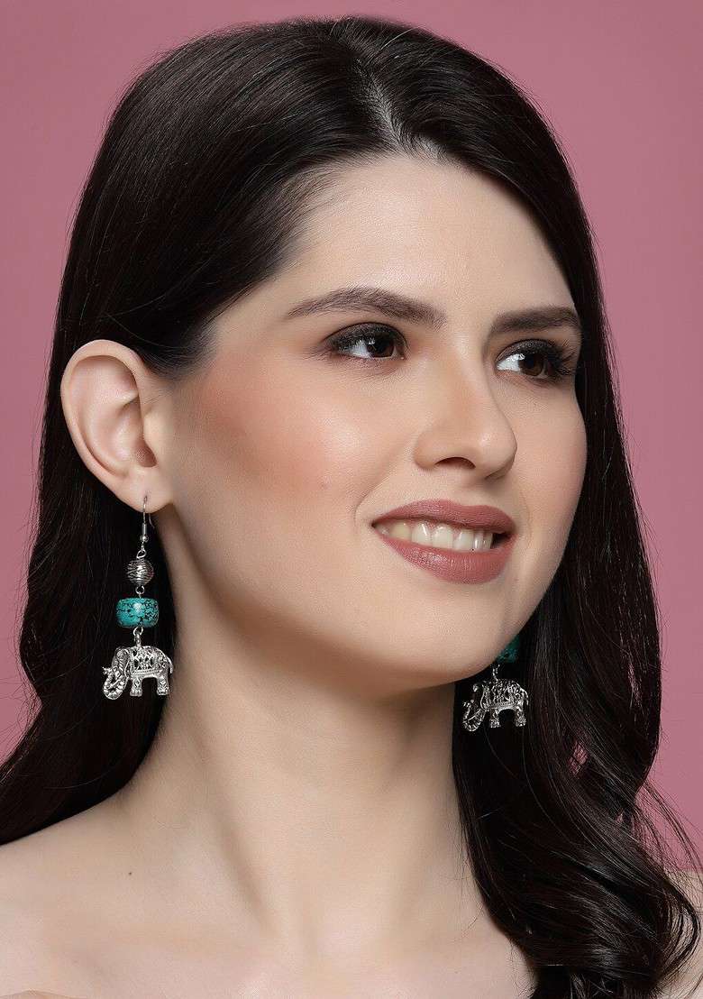 Silver Plated Elephant Shaped Oxidized Drop Earrings - Indya