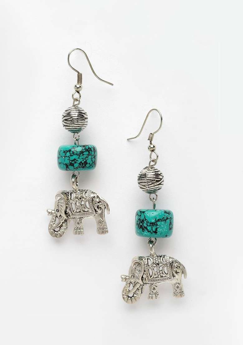 Silver Plated Elephant Shaped Oxidized Drop Earrings - Indya