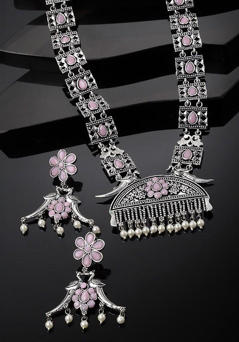 Silver Plated Stone Studded And Beaded Oxidized Jewellery Set