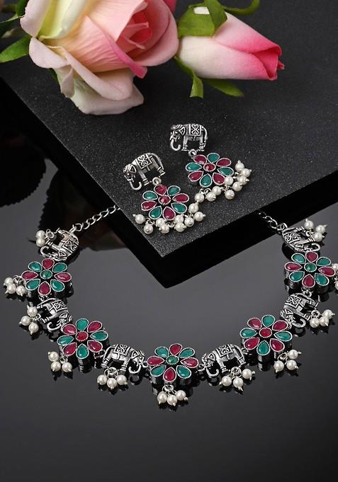 Silver Plated Stone Studded And Beaded Elephant Shaped Jewellery Set