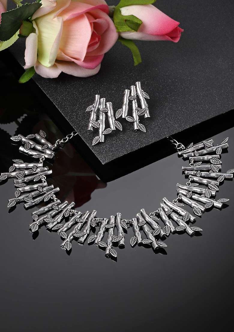 Silver Plated Oxidized Leaf Shaped Jewellery Set - Indya