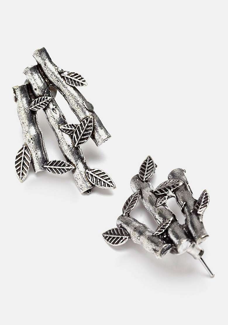 Silver Plated Oxidized Leaf Shaped Jewellery Set - Indya