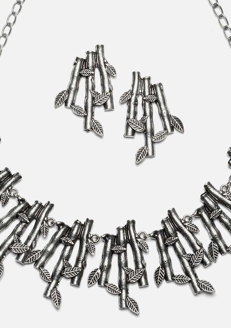 Silver Plated Oxidized Leaf Shaped Jewellery Set - Indya