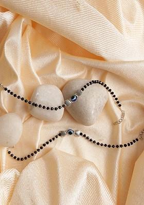 Set Of 2 Blue And Black Silver-Plated Stone Studded Heart Shaped And Evil Eye Anklets