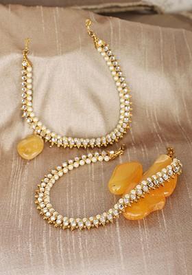 Set Of 2 Gold Plated Kundan Studded And Beaded Anklets