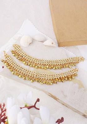 Set Of 2 Gold Plated Stone Studded And Beaded Anklets