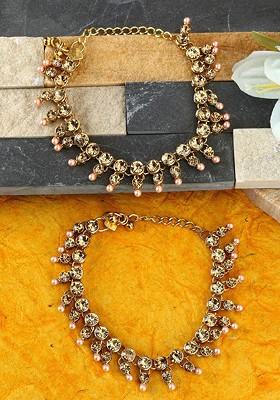 Set Of 2 Gold Plated Kundan Studded And Beaded Anklets