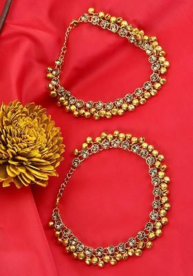 Set Of 2 Gold Plated Kundan Studded And Beaded Anklets