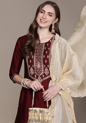 Women Maroon Ethnic Motifs Embroidered Regular Kurta With Trousers And With Dupatta