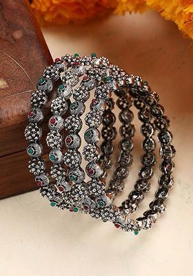 Set Of 2 Oxidised Silver Plated Stone Studded Bangles