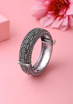 Women German Silver Oxidised Floral Kada Bracelet