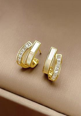Gold Plated Contemporary Crystal Studded Half Hoop Earrings