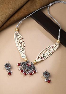 Silver Plated Oxidized Stone Studded And Beaded Necklace And Earrings