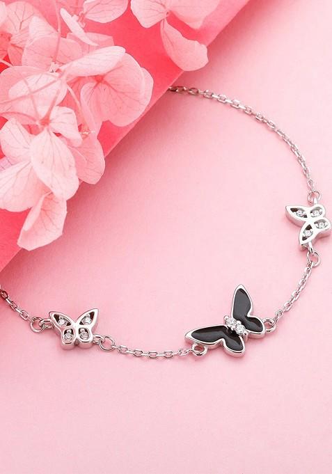 Indya X Giva Rhodium Plated 925 Sterling Silver Butterflies Cubic Zirconia Link Bracelet