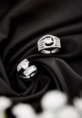 Set of 2 Silver Plated AD Stone Studded Adjustable Ring