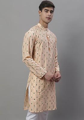 Peach And Green Floral Printed Cotton Silk Kurta