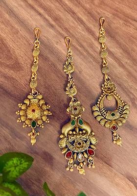 Set Of 3 Gold Plated Stone Studded And Beaded Maang Tikka