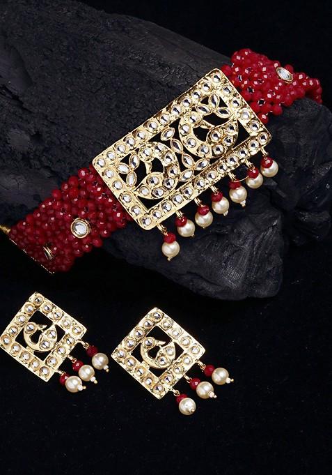 Gold Plated Kundan Studded And Artificial Beaded Jewellery Set