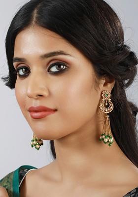 Gold Plated Contemporary Kundan Studded And Beaded Drop Earrings