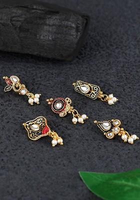 Set Of 5 Gold Plated Kundan Studded Clip On Nosepins