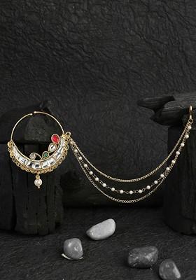 24 KT Gold Plated Stone Studded Clip On Nosepin With Bead Extension