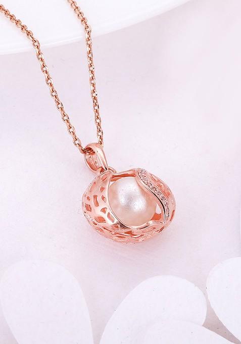 Indya X Giva 925 Sterling Silver Rose Gold Plated And Pearl Bead Pendant With Chain