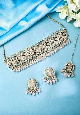 Gold Plated Kundan Studded And Beaded Necklace And Earrings