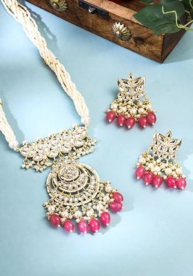 Gold Plated Kundan Studded And Beaded Necklace And Earrings