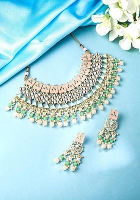 Gold Plated Kundan Studded And Beaded Necklace And Earrings