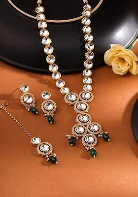 Gold Plated Kundan Studded And Beaded Necklace And Earrings