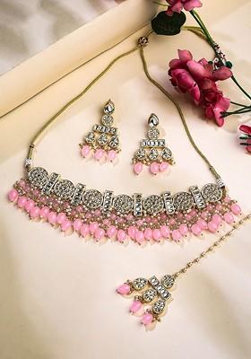 Gold Plated Kundan Studded And Beaded Necklace And Earrings And Maang Tika