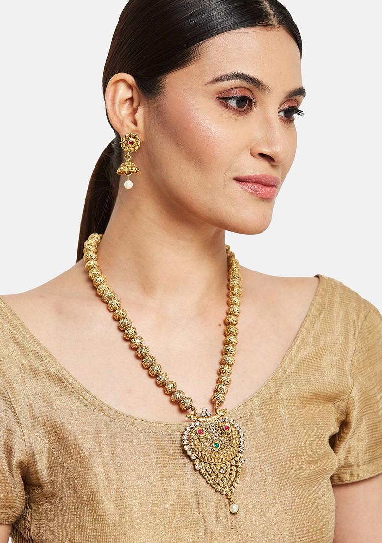Gold Plated Artificial Stone Studded And Beaded Jewellery Set