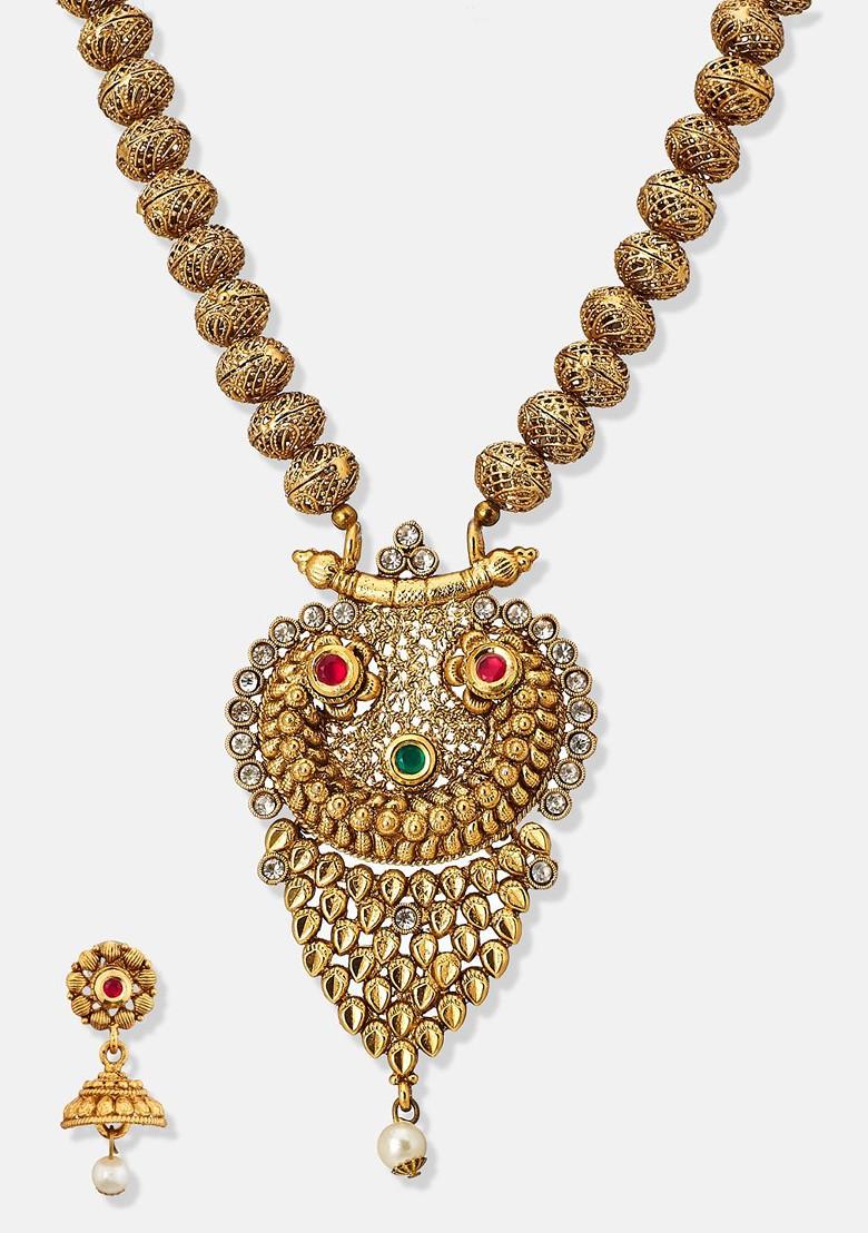 Gold Plated Artificial Stone Studded And Beaded Jewellery Set