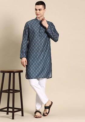 Men Navy Blue Ethnic Motifs Printed Regular Pure Cotton Kurta With Pyjamas