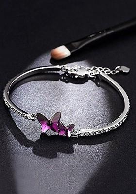 Crystals From Swarovski Collection Purple And Silver Toned Metal Rhodium Plated Charm Bracelet