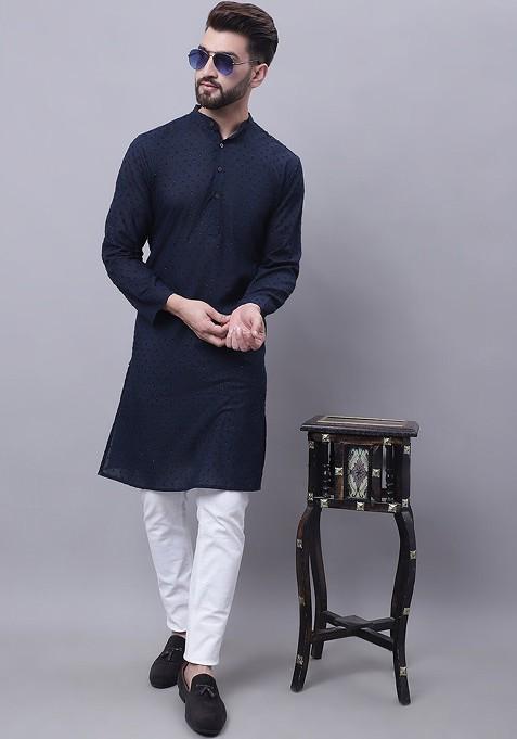 Blue Floral Dobby kurta In Band Collar
